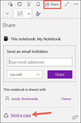 Send en kopi af en note i OneNote til Windows 10