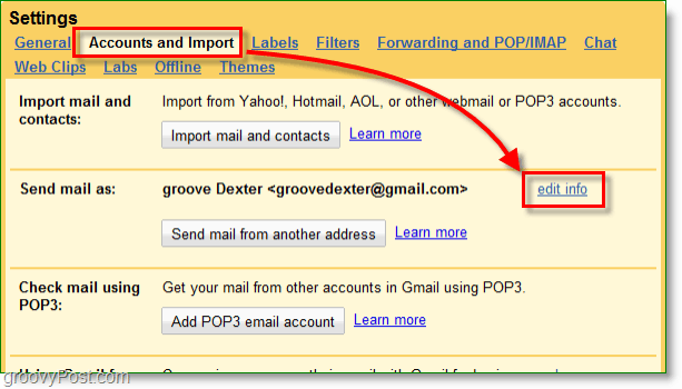 Klik på dine google mail-konti og import-knap, og rediger derefter info