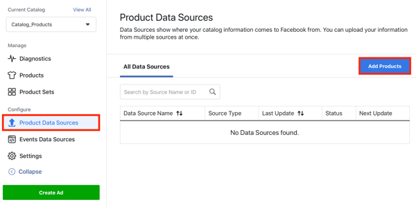 Brug menupunktet Facebook Event Setup, trin 22, til at tilføje produkter via fanen Produktdatakilder på Facebook