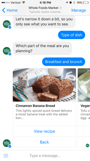 Whole Foods chatbot tilbyder værdi gennem indhold snarere end at sælge direkte til brugerne.