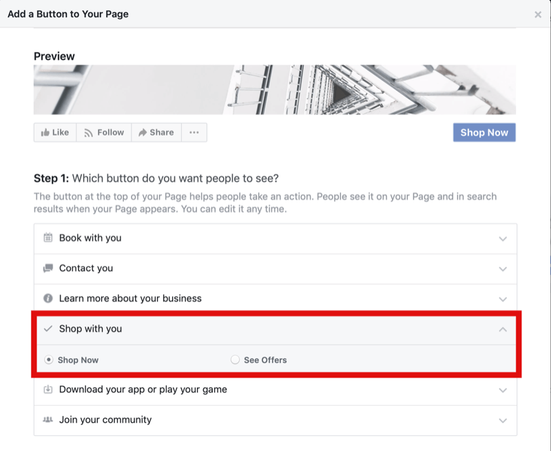 trin 1, hvordan du tilføjer Shop Now-knappen til Facebook-siden til Instagram Shopping