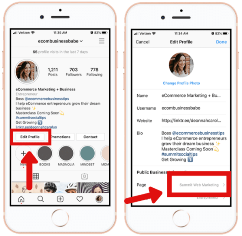 hvordan man forbinder Instagram-forretningskonto med Facebook-side i Instagram-appen