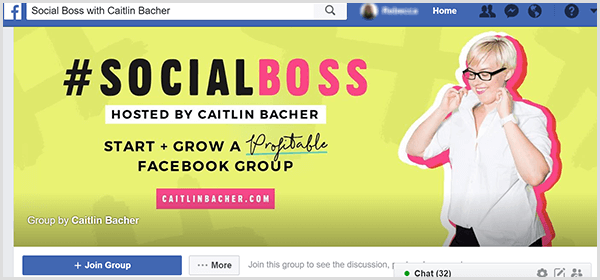 Facebook-gruppens forsidebillede til Social Boss, der hostes af Caitlin Bacher, har en gul baggrund, lyserøde accenter på teksten og et foto af Caitlin, der trækker sin skjortekrage op.