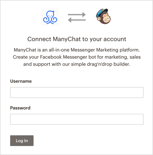 Log ind på din MailChimp-konto via ManyChat.