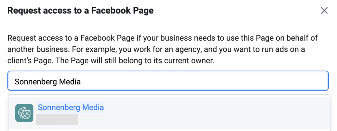 billede af Anmod om adgang til en Facebook-sideskærm i Meta Business Manager