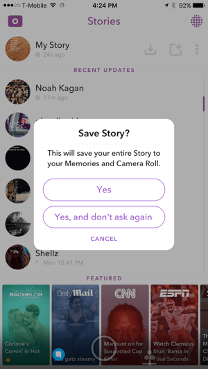 Tryk på Ja for at gemme din Snapchat-historie.