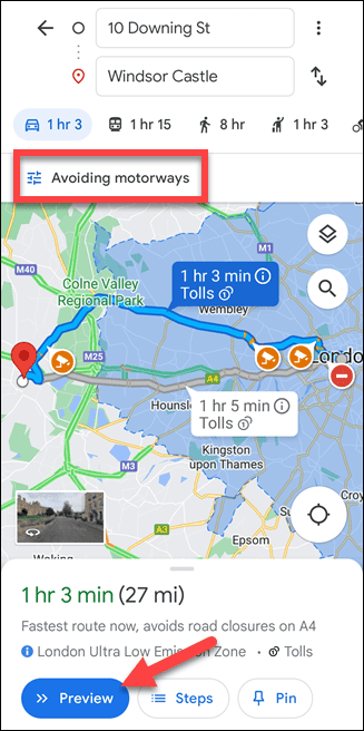 Google Maps mobilrute uden motorveje