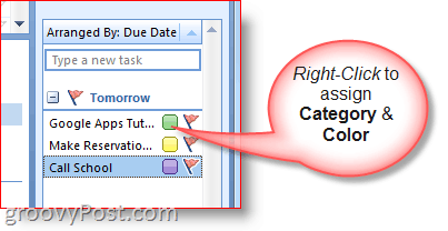 Opgavelinjen i Outlook 2007 - Højreklik-opgave for at vælge farver og kategori
