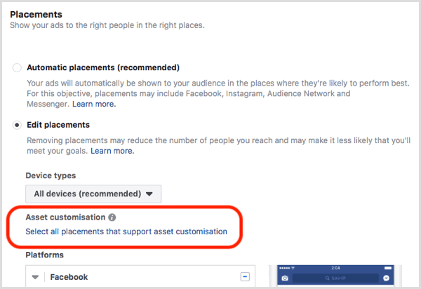 Facebook-tilpasningsværktøj til placering af aktiver