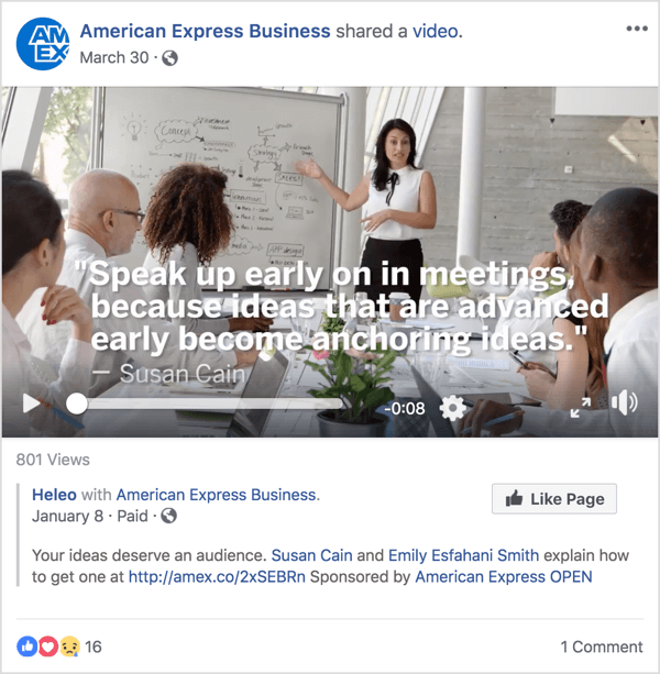 Denne Facebook-annonce for American Express Business har Susan Cain, en velkendt leder- og ledelsesekspert, der opnåede berømmelse med en nylig TED Talk.