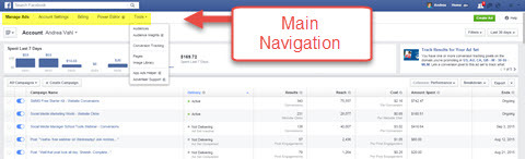facebook ads manager hovednavigation