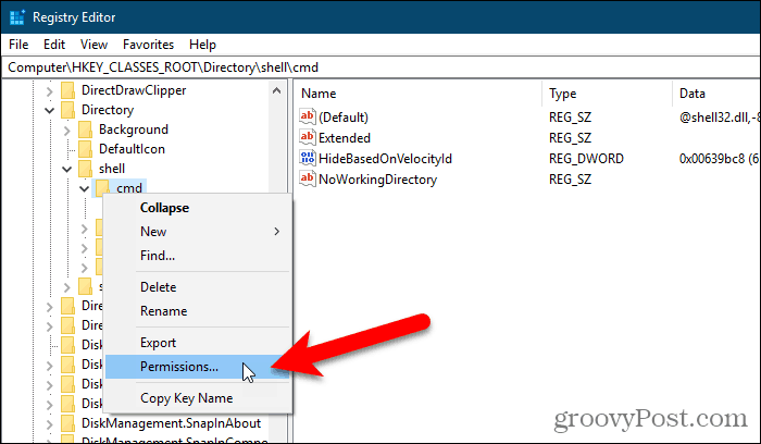 Vælg Tilladelser for en nøgle i Windows Registry Editor