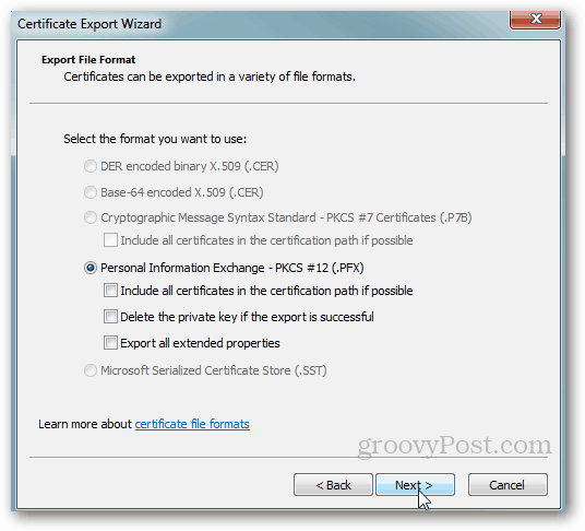 Eksport af Windows-certifikat - Accepter standardindstillinger