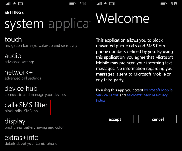 Bloker uønskede telefonopkald og SMS på Windows Phone 8.1