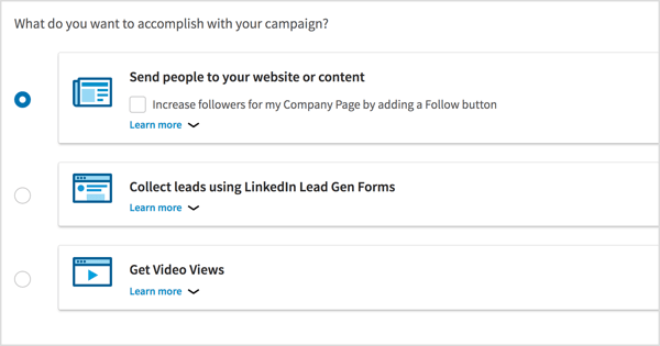 Vælg kampagnemål for din LinkedIn-videoannoncekampagne.