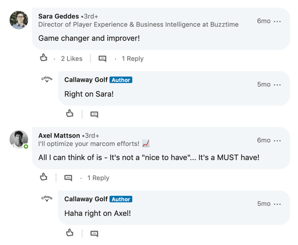 LinkedIn-medlemskommentarer til Callaway Golf-indlæg