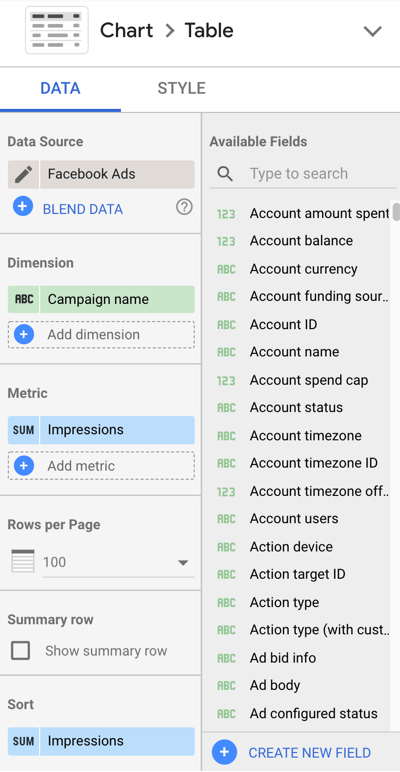 Brug Google Data Studio til at analysere dine Facebook-annoncer, trin 10, menuindstillinger for at tilpasse dine diagramdata