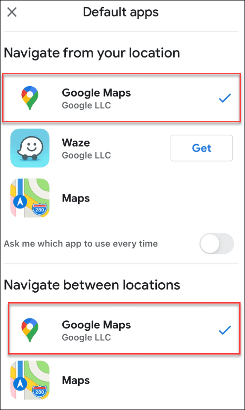 gmail google maps valgt som standard