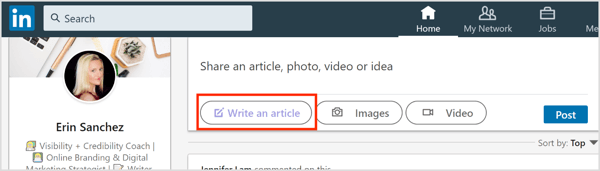 Klik på knappen Skriv en artikel på LinkedIn.