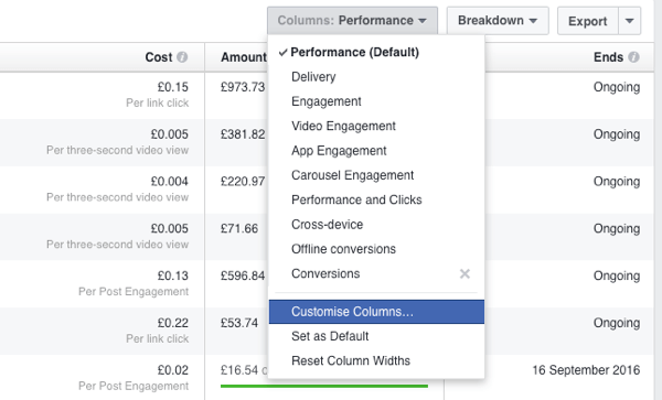 Tilføj en ny rapporteringskolonne i Facebook Ads Manager.