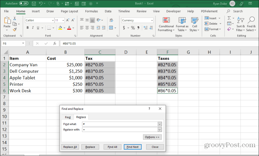 søg og erstatt formel i Excel
