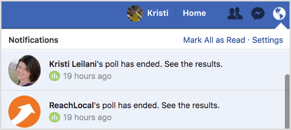 Meddelelse om resultater fra Facebook-afstemningsresultater