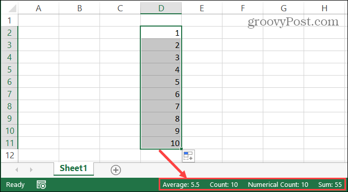 Excel-statuslinje til valgte celler