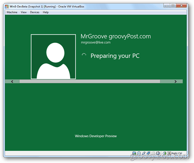 VirtualBox Windows 8 opsætning forbereder desktop