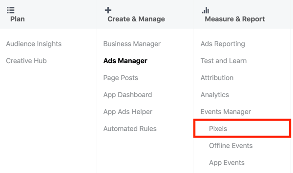 Brug Facebook Event Setup Tool, trin 1, pixel menupunkt i Facebook Ads Manager