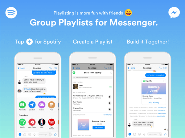 Spotify udvidede funktionaliteten inden for sin Messenger-bot for at give grupper mulighed for at oprette afspilningslister direkte fra Messenger-appen.