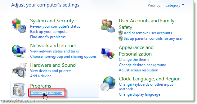 Klik på afinstaller et program for at fortsætte med at fjerne dvs. fra Windows 7