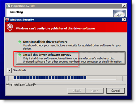 Accepter driverinstallation af MagicISO på Server 2008