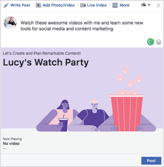 Klik på Send for at offentliggøre dit Facebook Watch Party-indlæg.