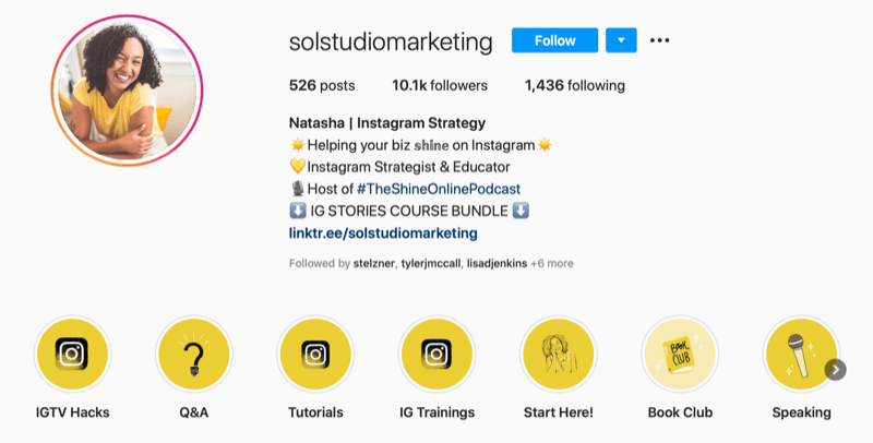 skærmbillede af Sol Studio Marketing Instagram-konto bio