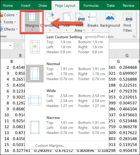 Valgmulighederne for Excel-sidemargen