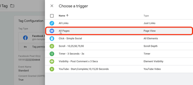 google tag manager nyt tag med vælg en trigger-menuindstillinger med alle sider valgt og fremhævet