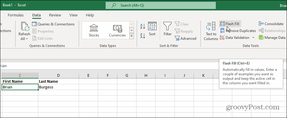 Dataværktøjer Flash Fyld Excel