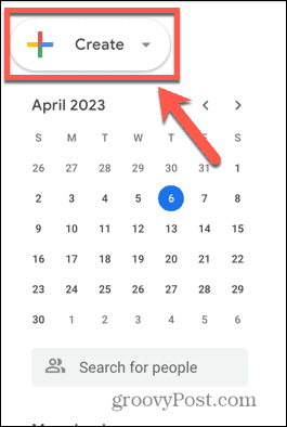 Google Kalender opret skærmbillede af knap