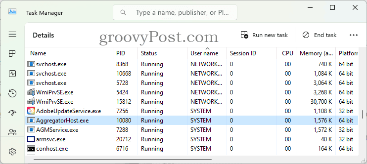 AggregatorHost.exe kører i baggrunden som det ses i Task Manager