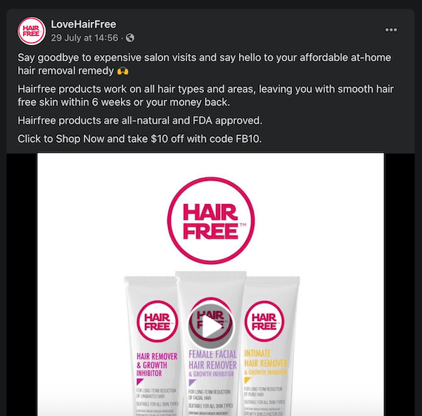Facebook-indlæg af lovehairfree og bemærker deres hårfjerningsprodukter ved at sammenligne dem med dyre salonbesøg