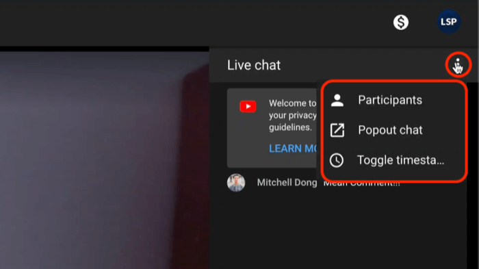 youtube-live chat-menupunkter inklusive visning af deltagere og popping af chatten for bedre visning og moderering