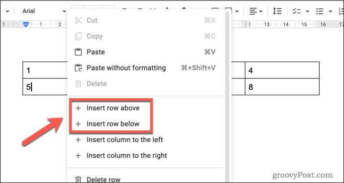 Indsættelse af en ny række i en Google Docs-tabel