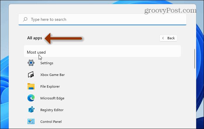 Mest anvendte apps Windows 11 Start -menu