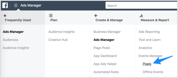 Få adgang til Facebook-pixel via Ads Manager.