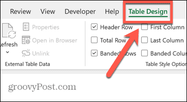 excel borddesign menu