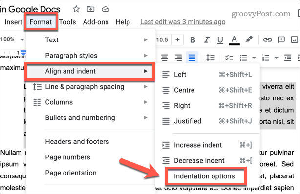 Tilpasning af indrykning på Google Docs