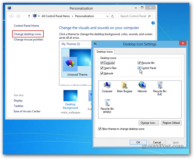 Sådan fastgøres kontrolpanelikon til proceslinjen i Windows 8