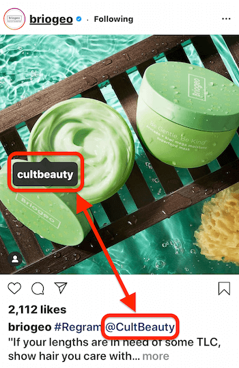 instagram post af @briogeo viser et post-tag og billedtekst @mention til @cultbeauty, hvis produkt vises i billedet
