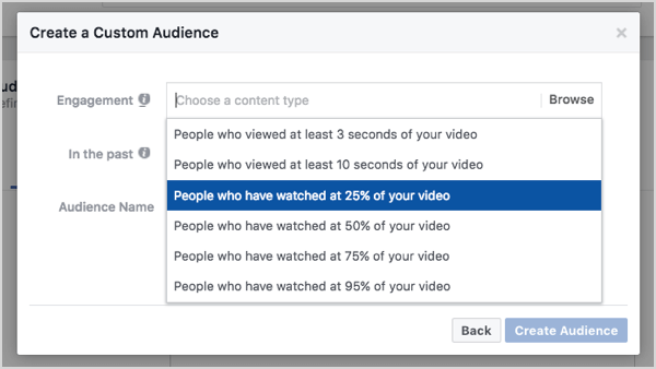 Facebook brugerdefineret publikum baseret på 25% videovisninger.