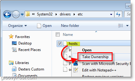 Windows 7-skærmbillede - brug højreklik-kontekstmenu for at tage ejerskab af enhver fil i Windows 7
